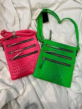 2pc LOT •LE MIEL• Vegan Leather Ostrich Zipper Crossbody Bags - Fuchsia + Green